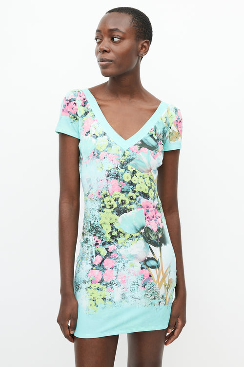 Roberto Cavalli Blue & Multi Floral V-Neck Dress