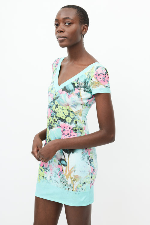 Roberto Cavalli Blue & Multi Floral V-Neck Dress