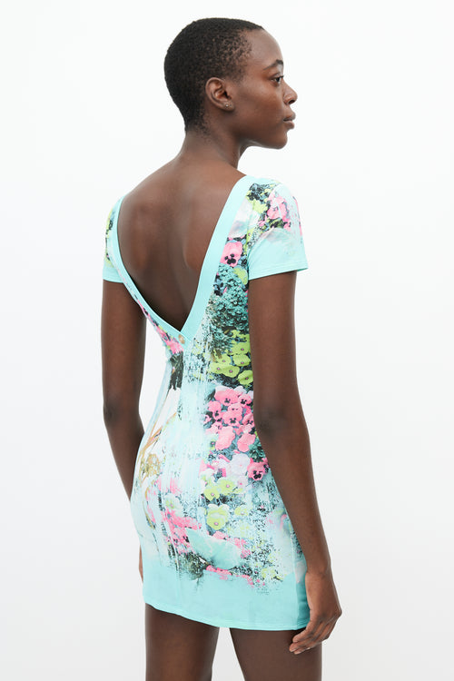 Roberto Cavalli Blue & Multi Floral V-Neck Dress
