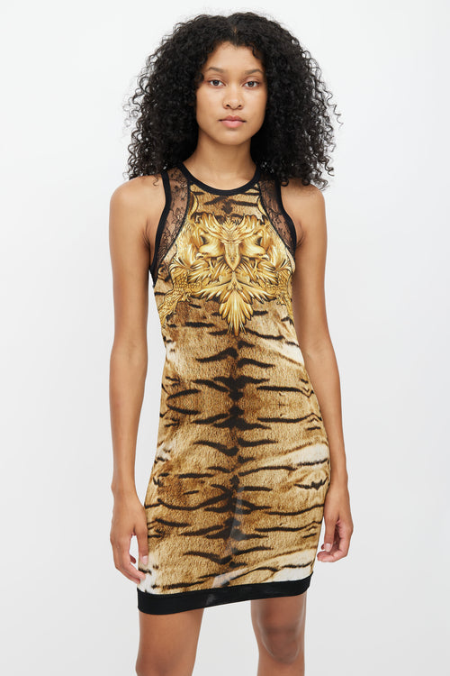 Roberto Cavalli Brown Printed Mesh & Lace Dress