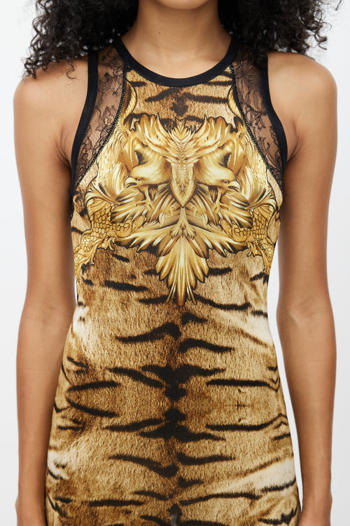 Roberto Cavalli Brown Printed Mesh & Lace Dress