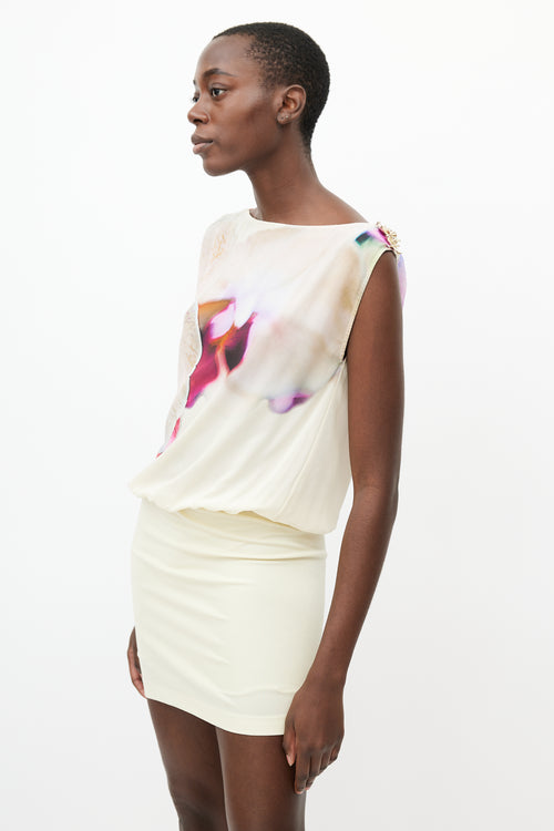 Roberto Cavalli Cream & Purple Silk Floral Dress