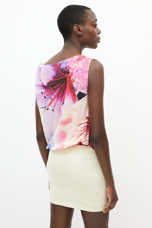 Roberto Cavalli Cream & Purple Silk Floral Dress