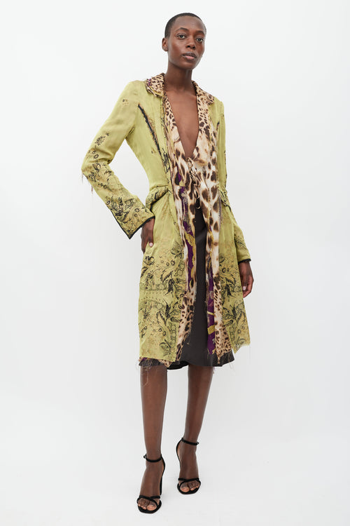 Roberto Cavalli Green & Multicolour Layered Silk Coat