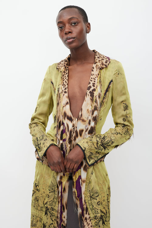 Roberto Cavalli Green & Multicolour Layered Silk Coat
