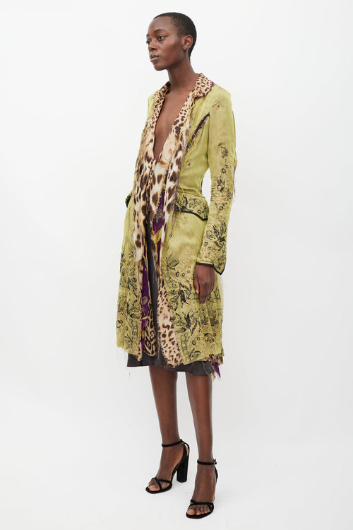 Roberto Cavalli Green & Multicolour Layered Silk Coat