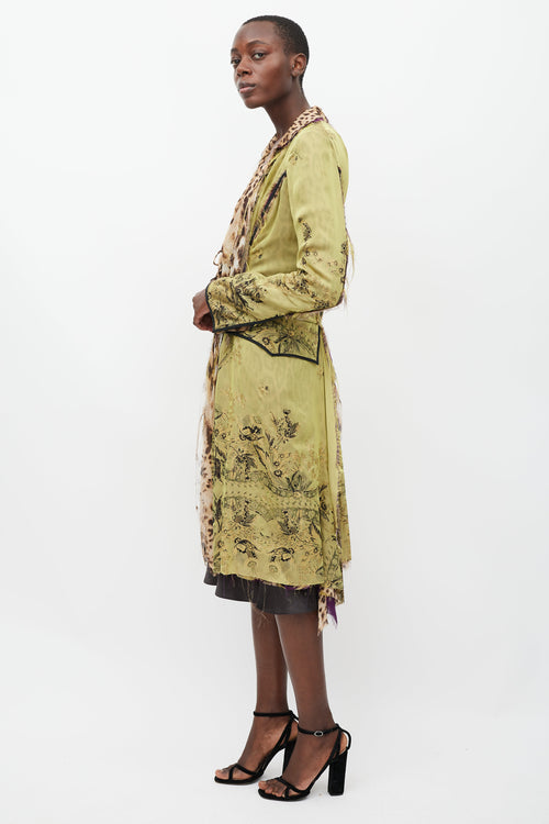 Roberto Cavalli Green & Multicolour Layered Silk Coat