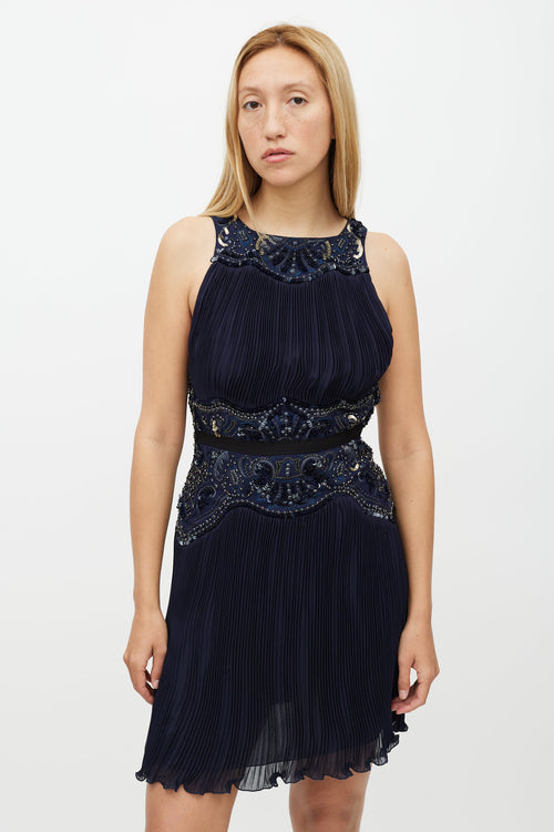 Roberto Cavalli Navy & Gold Sequin Pleated Silk Dress