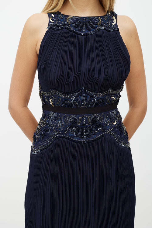 Roberto Cavalli Navy & Gold Sequin Pleated Silk Dress