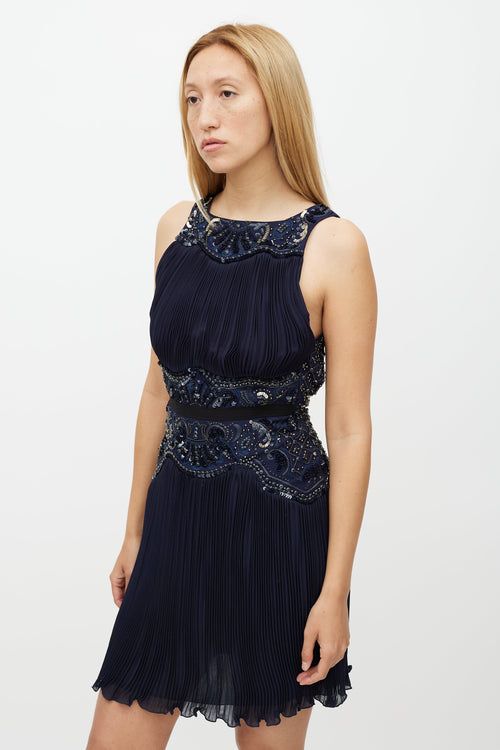 Roberto Cavalli Navy & Gold Sequin Pleated Silk Dress