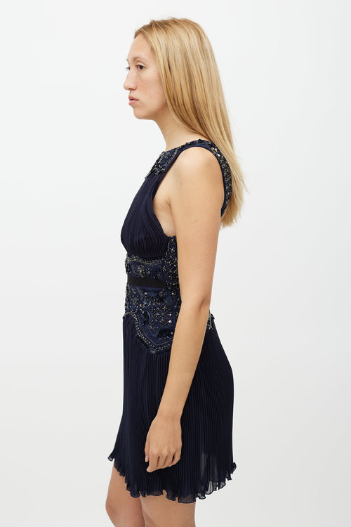 Roberto Cavalli Navy & Gold Sequin Pleated Silk Dress