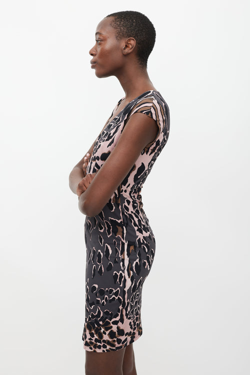 Roberto Cavalli Pink & Black Printed Pleated Waist Dress