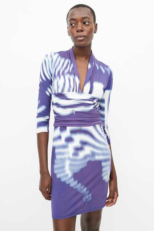 Roberto Cavalli Purple & White Tie Dye Ruched Dress