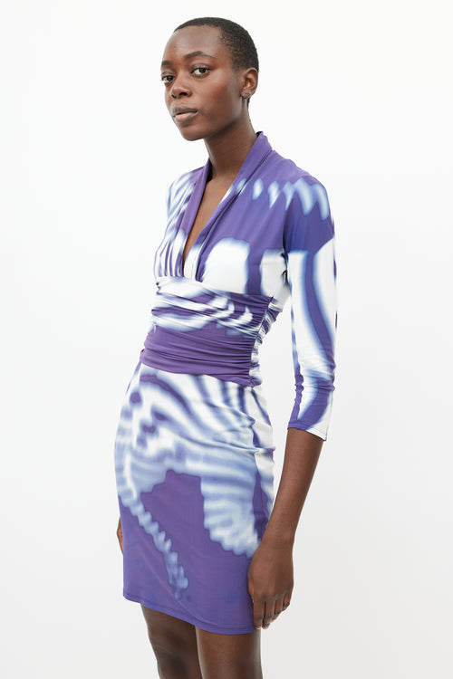 Roberto Cavalli Purple & White Tie Dye Ruched Dress