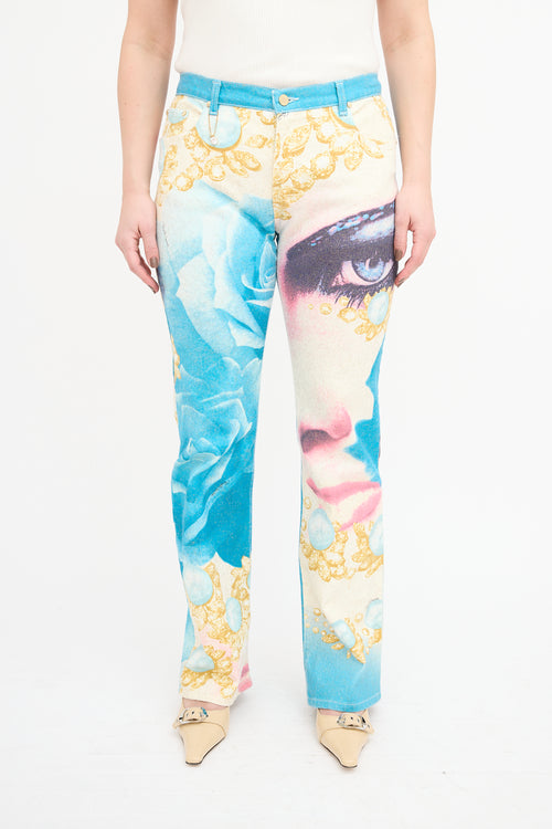 Roberto Cavalli SS 2001 Blue & Multi Sparkly Printed Trouser