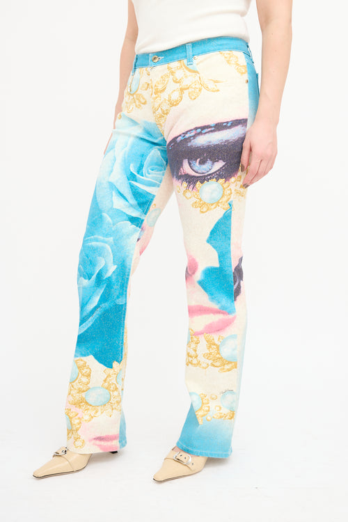Roberto Cavalli SS 2001 Blue & Multi Sparkly Printed Trouser
