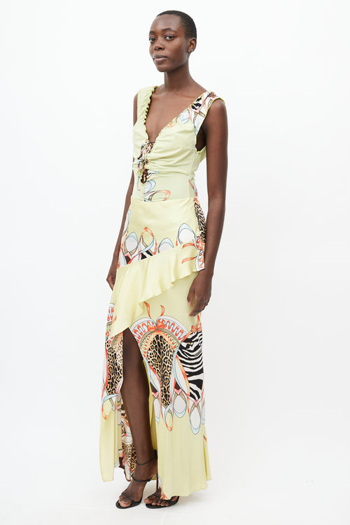 Roberto Cavalli SS 2004 Yellow & Multi Silk Print Ruffle Skirt