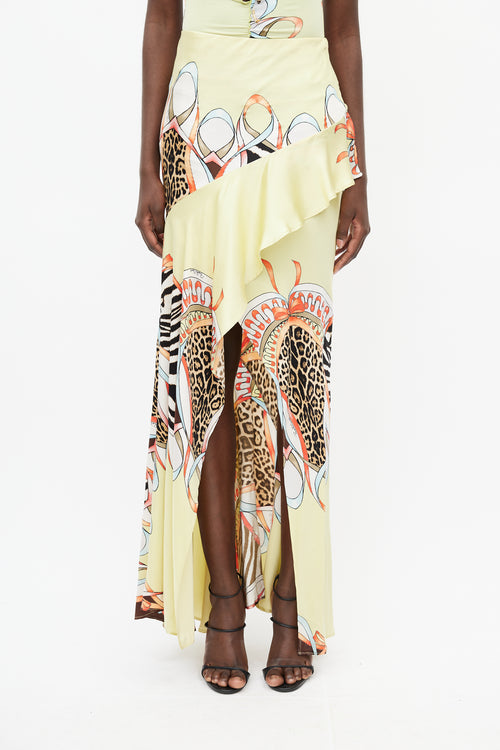 Roberto Cavalli SS 2004 Yellow & Multi Silk Print Ruffle Skirt