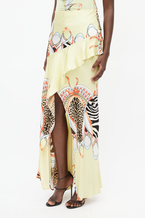 Roberto Cavalli SS 2004 Yellow & Multi Silk Print Ruffle Skirt