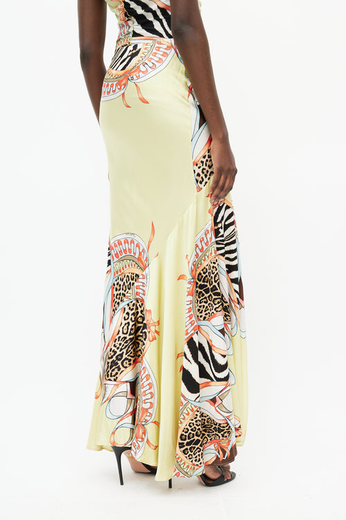 Roberto Cavalli SS 2004 Yellow & Multi Silk Print Ruffle Skirt