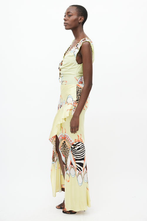 Roberto Cavalli SS 2004 Yellow & Multi Silk Print Ruffle Skirt