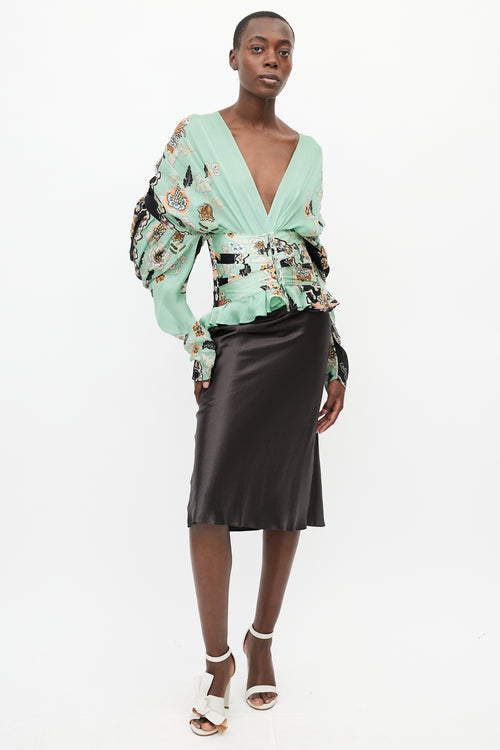Roberto Cavalli Spring 2003 Green & Multi Silk Corset Blouse