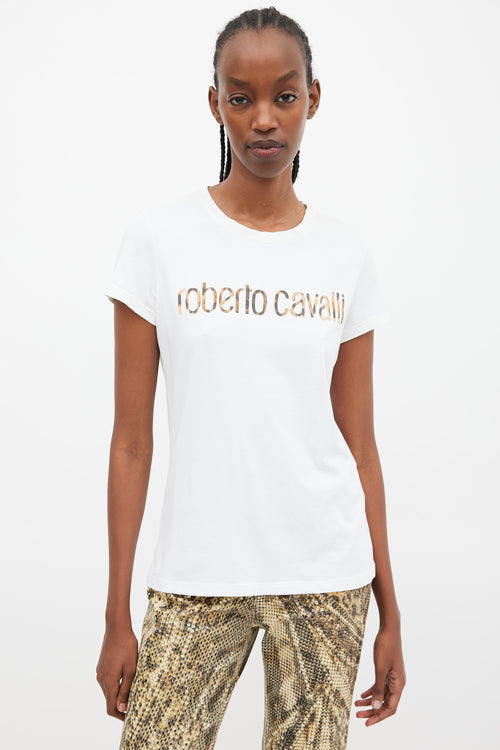 Roberto Cavalli White & Brown Printed Logo T-Shirt