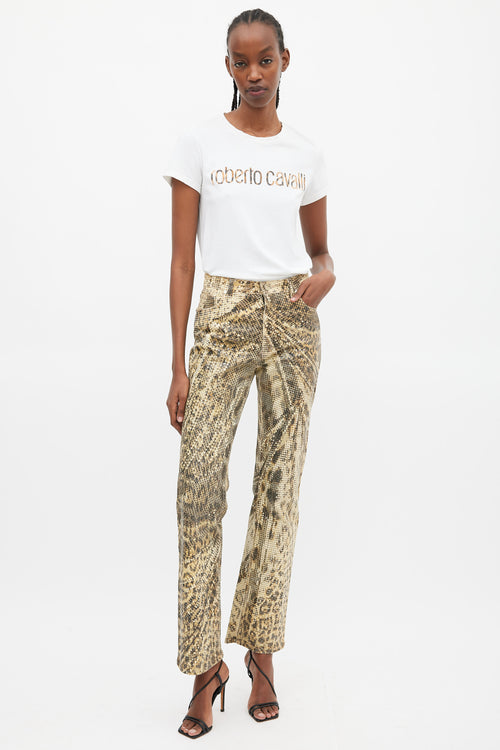 Roberto Cavalli White & Brown Printed Logo T-Shirt