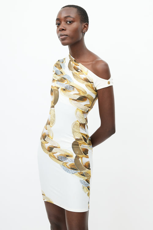 Roberto Cavalli White & Gold Chain Print Asymmetrical Dress