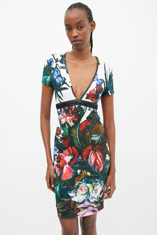Roberto Cavalli White & Multicolour Floral Braided Trim Dress
