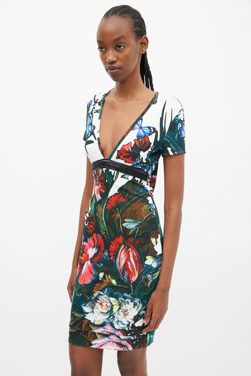 Roberto Cavalli White & Multicolour Floral Braided Trim Dress