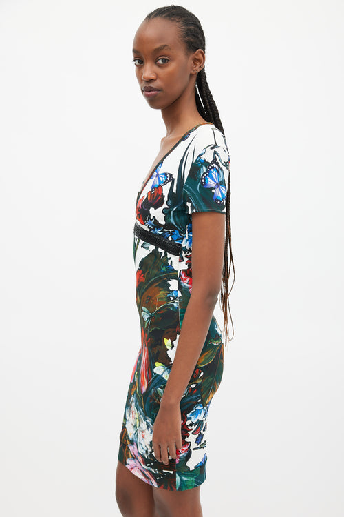 Roberto Cavalli White & Multicolour Floral Braided Trim Dress