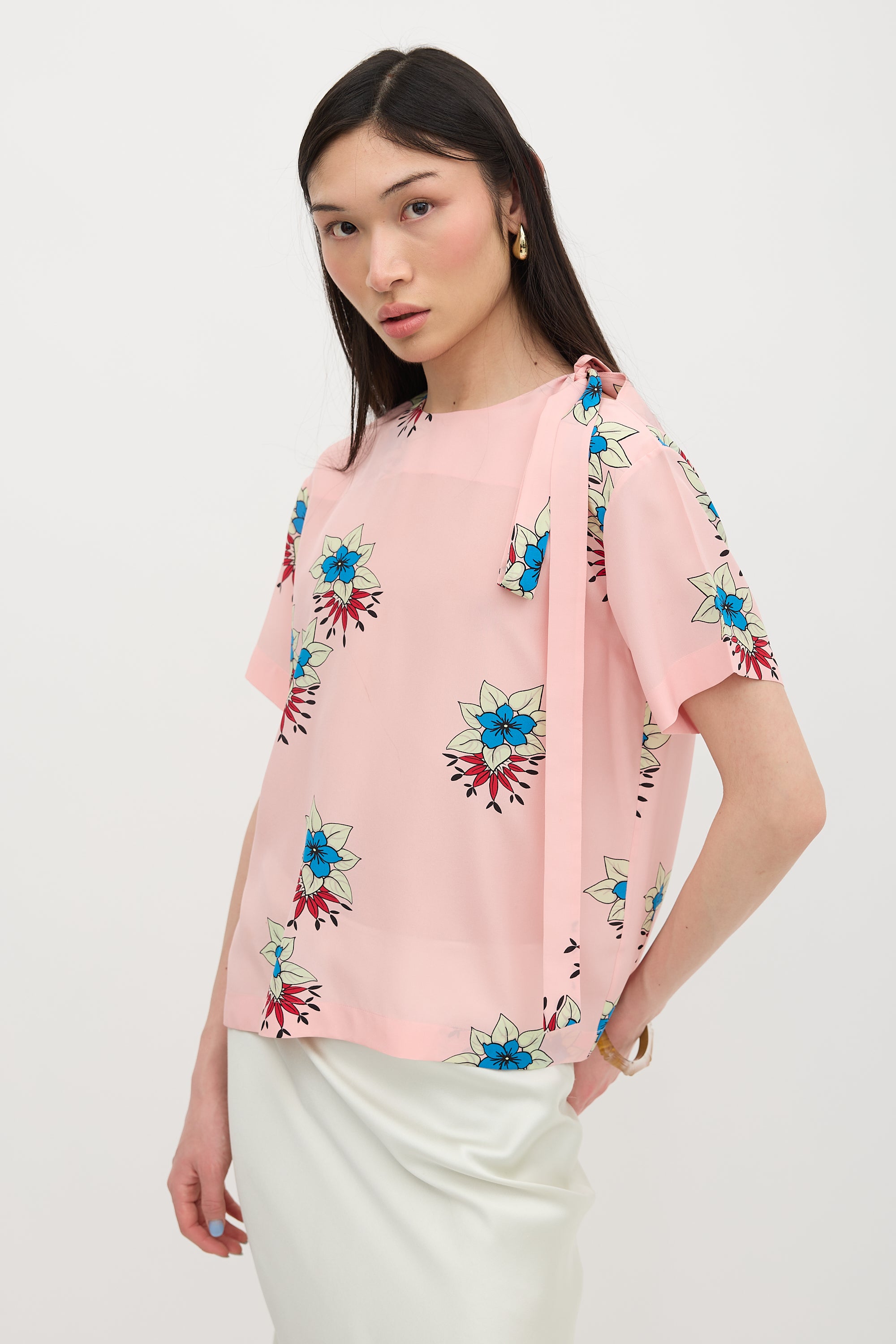 Rochas Silk Floral Shoulder Tie Blouse