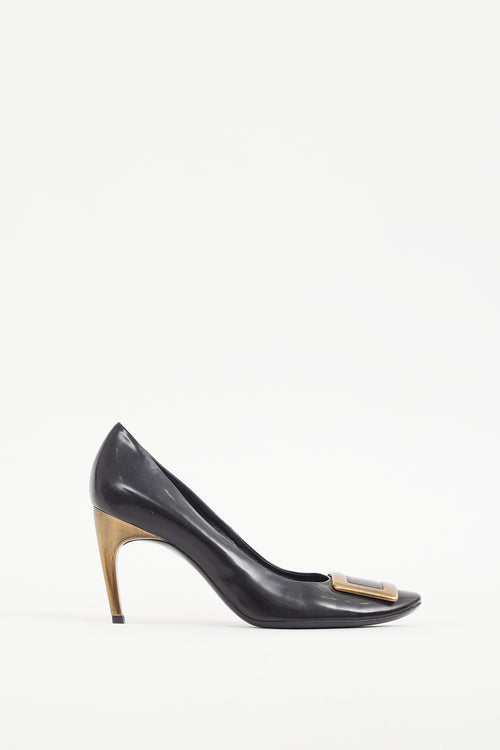Roger Vivier Black & Gold Buckle Leather Trompette Pump