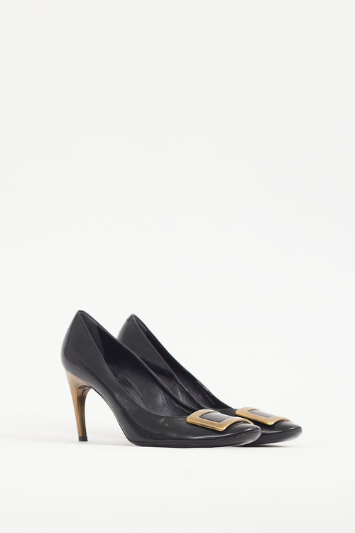 Roger Vivier Black & Gold Buckle Leather Trompette Pump