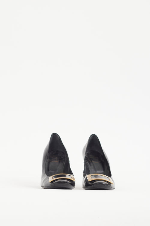 Roger Vivier Black & Gold Buckle Leather Trompette Pump