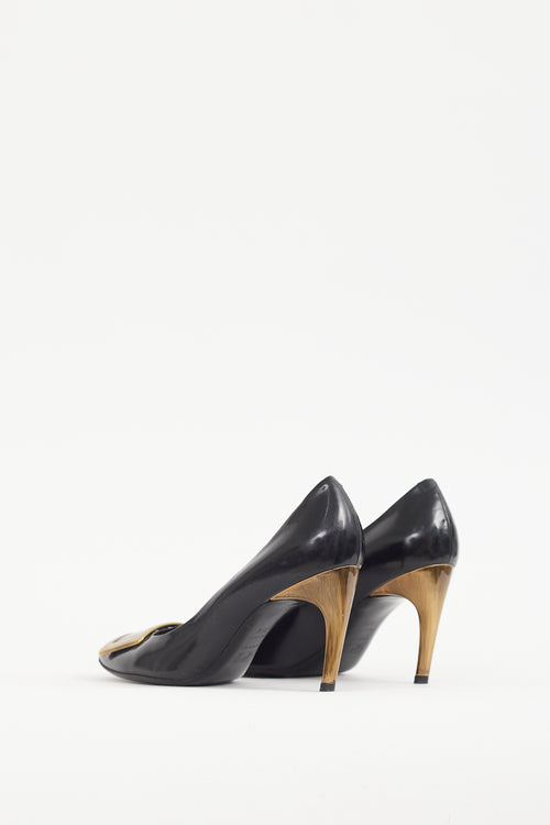 Roger Vivier Black & Gold Buckle Leather Trompette Pump