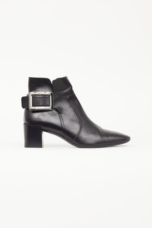 Roger Vivier Black Leather & Silver Buckle Ankle Boot