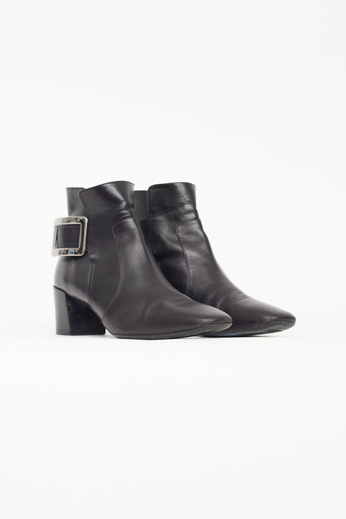 Roger Vivier Black Leather & Silver Buckle Ankle Boot