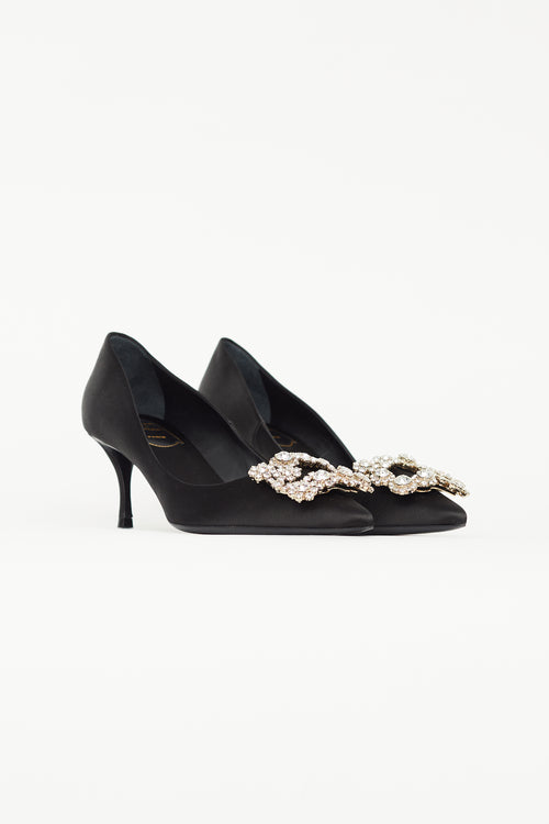 Roger Vivier Black Satin Flower Strass Buckle Pump