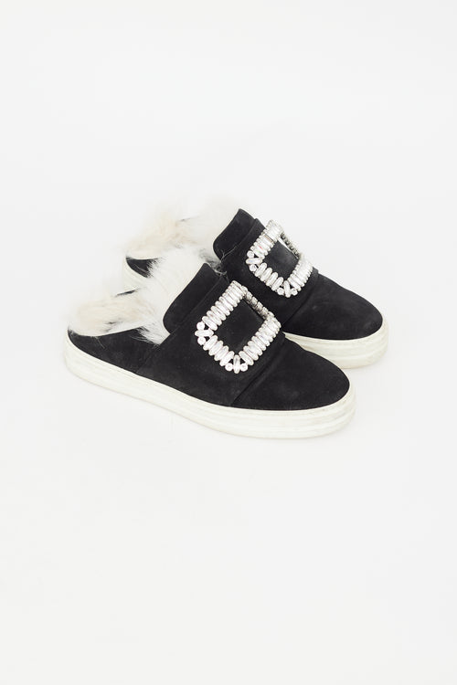 Roger Vivier Black Suede & Shearling Buckle Sneaker Mule
