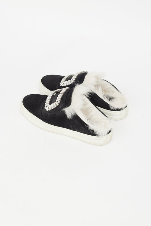 Roger Vivier Black Suede & Shearling Buckle Sneaker Mule