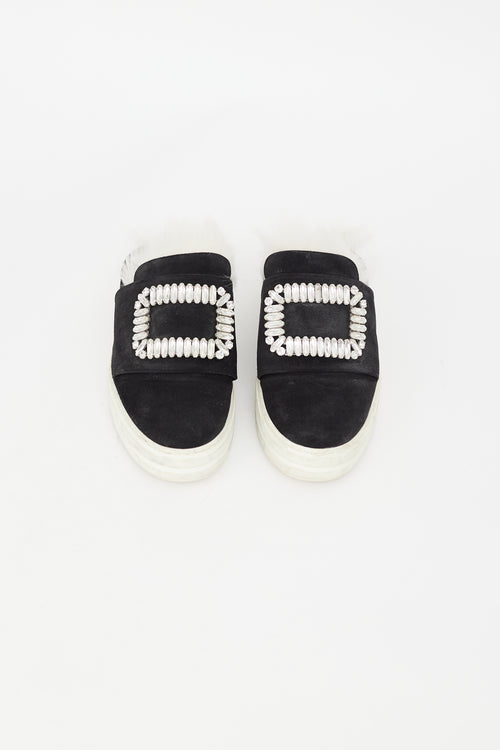 Roger Vivier Black Suede & Shearling Buckle Sneaker Mule