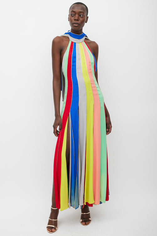 Rosie Assoulin Blue & Multicolour Silk Striped Halter Dress