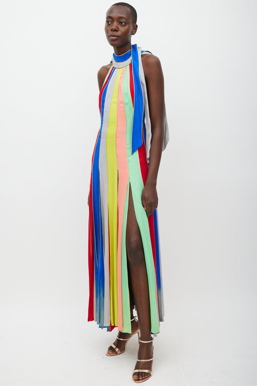 Rosie Assoulin Blue & Multicolour Silk Striped Halter Dress