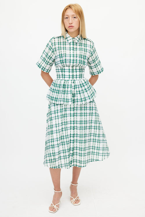 Rosie Assoulin Green & White Check Short Sleeve Dress