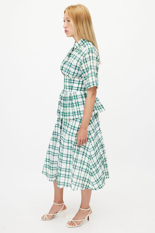 Rosie Assoulin Green & White Check Short Sleeve Dress