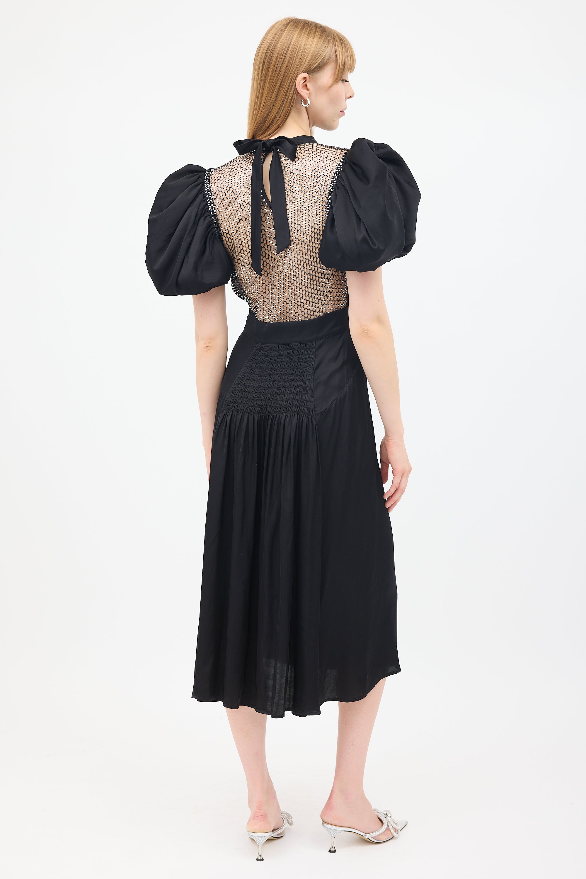 Rotate Black Sequin Open Back Puff Sleeve Dress
