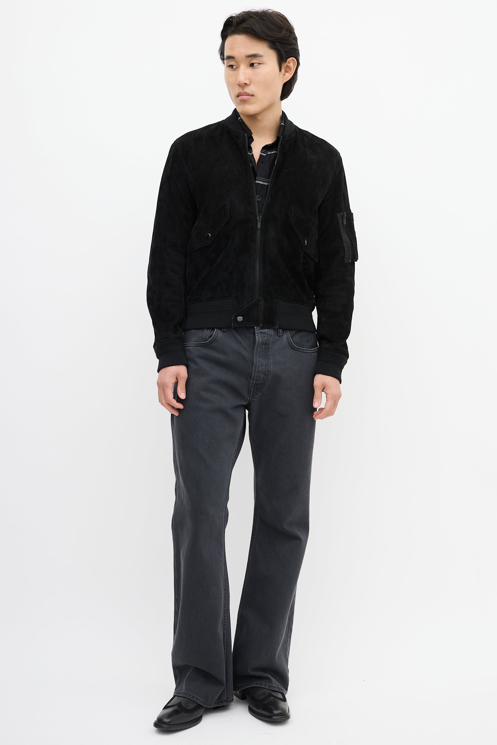 Saint Laurent Black Suede & Wool Bomber Jacket