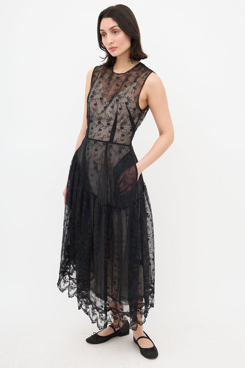 Simone Rocha Mesh Floral Asymmetrical Dress
